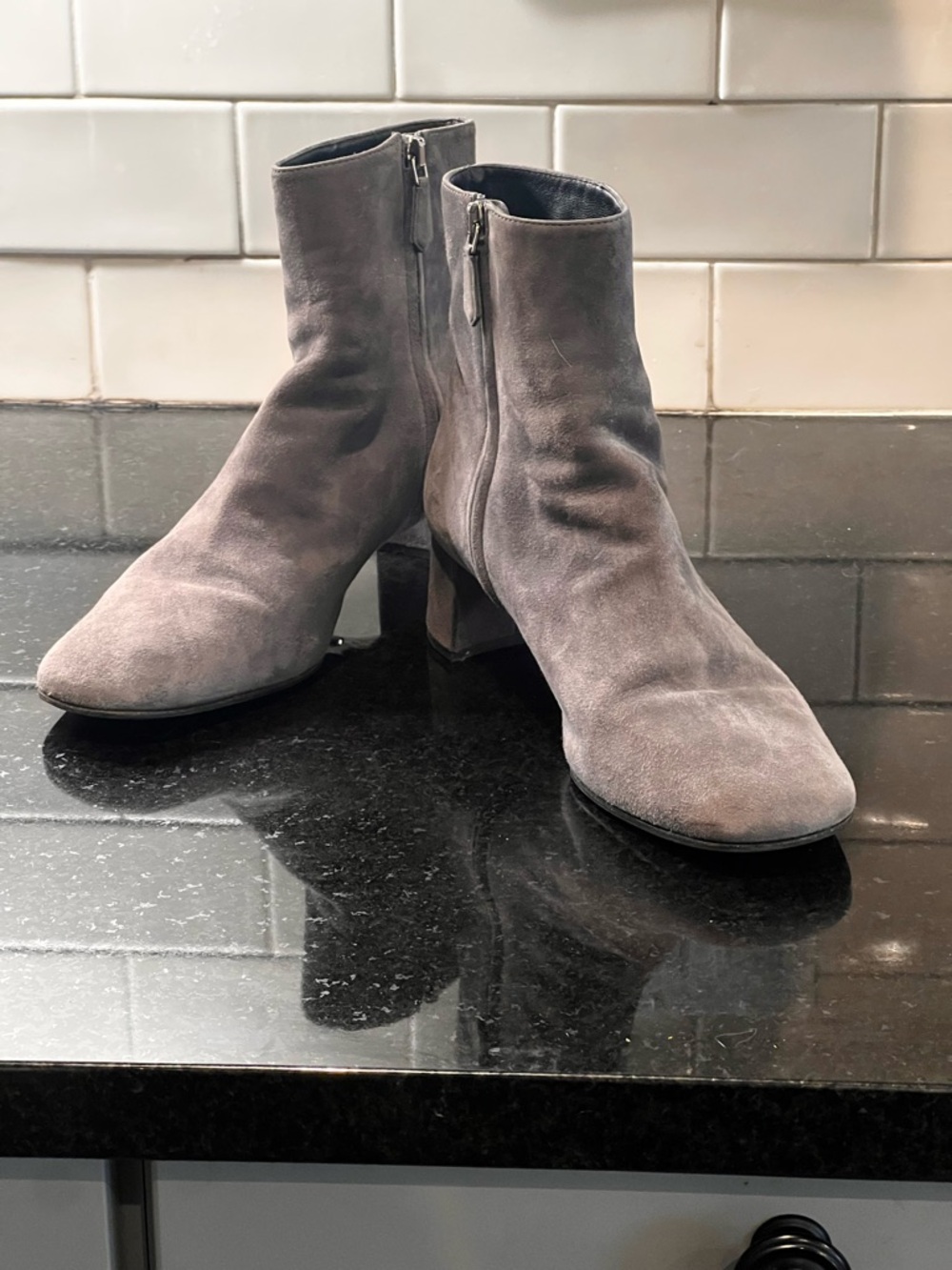 Prada Gray Suede Ankle Booties with Logo Heel Plates - Picture 2 of 9